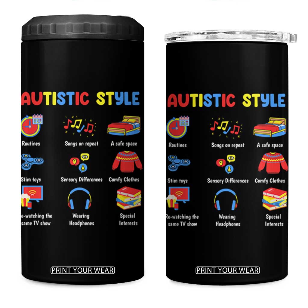 Autism Awareness 4 in 1 Can Cooler Tumbler Autistic Style Routines Song On Repeat Stim Toys Sensory Differences TS09 One Size: 16 oz Black Print Your Wear