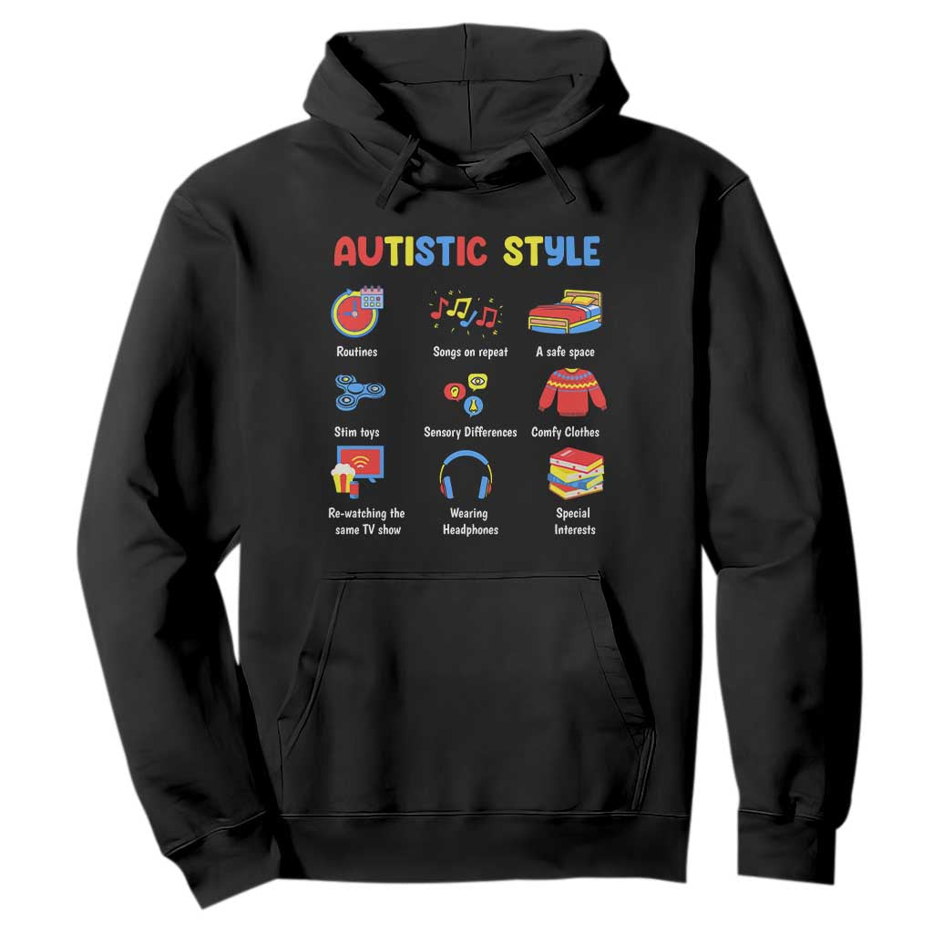 Autism Awareness Hoodie Autistic Style Routines Song On Repeat Stim Toys Sensory Differences TS09 Black Printyourwear