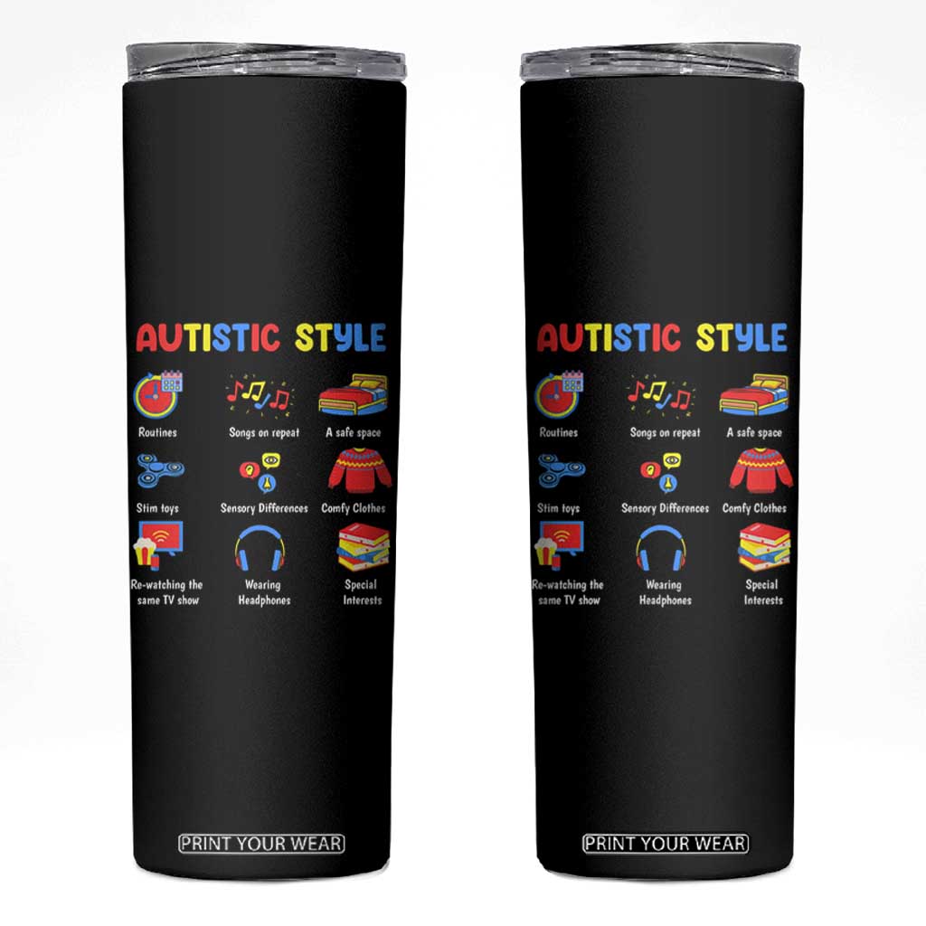 Autism Awareness Skinny Tumbler Autistic Style Routines Song On Repeat Stim Toys Sensory Differences TS09 Black Print Your Wear