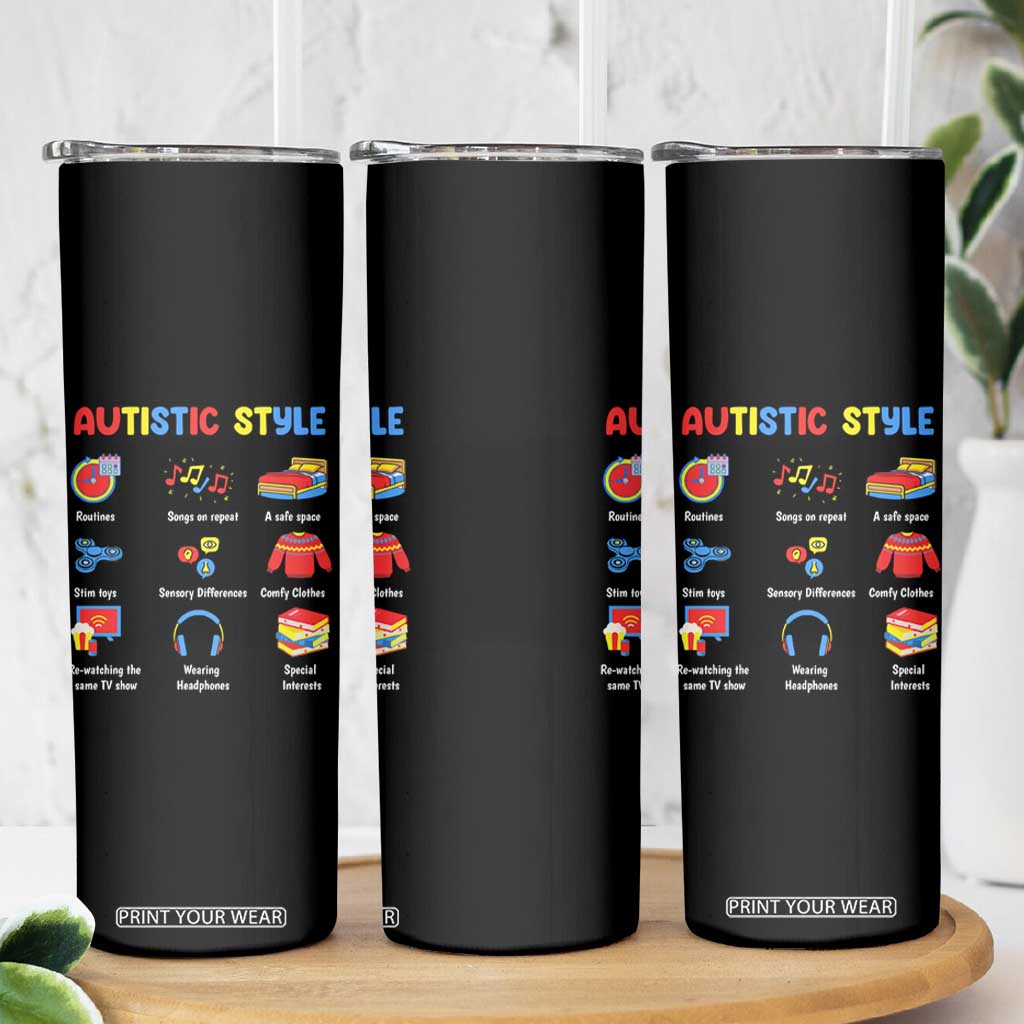 Autism Awareness Skinny Tumbler Autistic Style Routines Song On Repeat Stim Toys Sensory Differences TS09 Print Your Wear