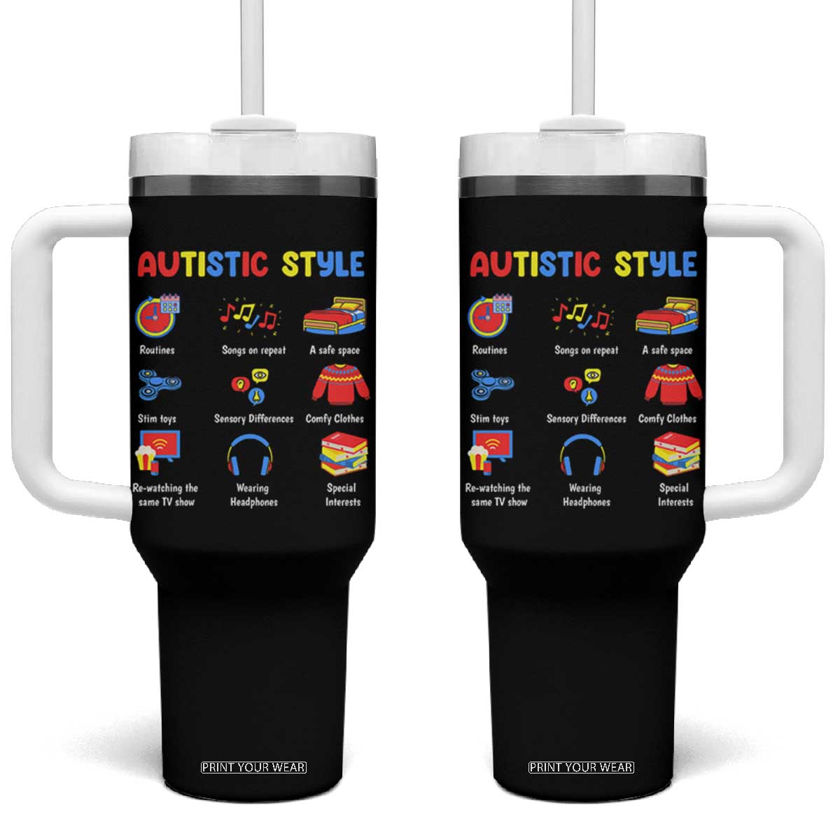 Autism Awareness Tumbler With Handle Autistic Style Routines Song On Repeat Stim Toys Sensory Differences TS09 One Size: 40 oz Black Print Your Wear
