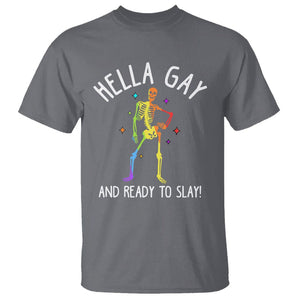 Funny LGBT Pride T Shirt Hella Gay And Ready To Slay Rainbow Skeleton TS09 Charcoal Print Your Wear
