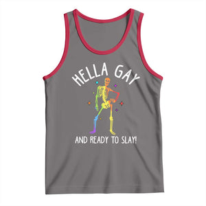 Funny LGBT Pride Tank Top Hella Gay And Ready To Slay Rainbow Skeleton TS09 Deep Heather Red Print Your Wear