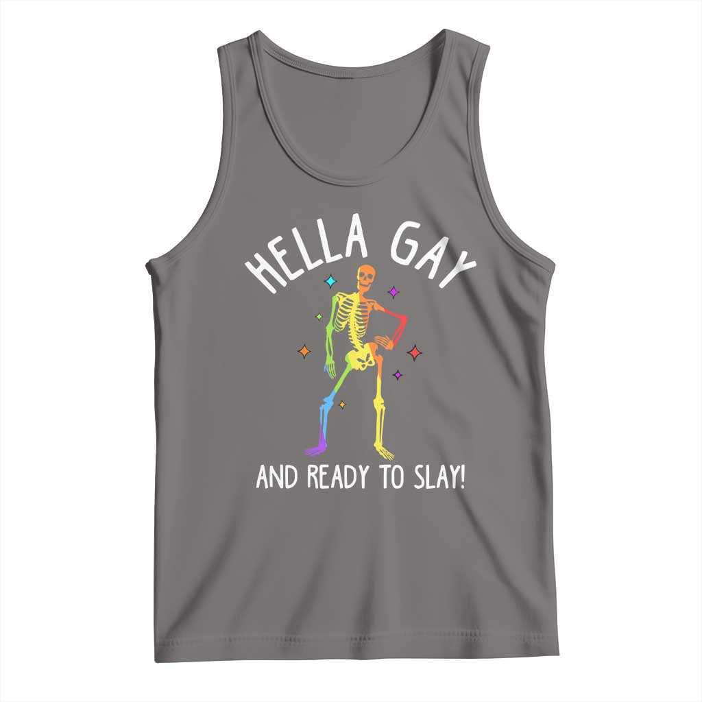 Funny LGBT Pride Tank Top Hella Gay And Ready To Slay Rainbow Skeleton TS09 Deep Heather Print Your Wear
