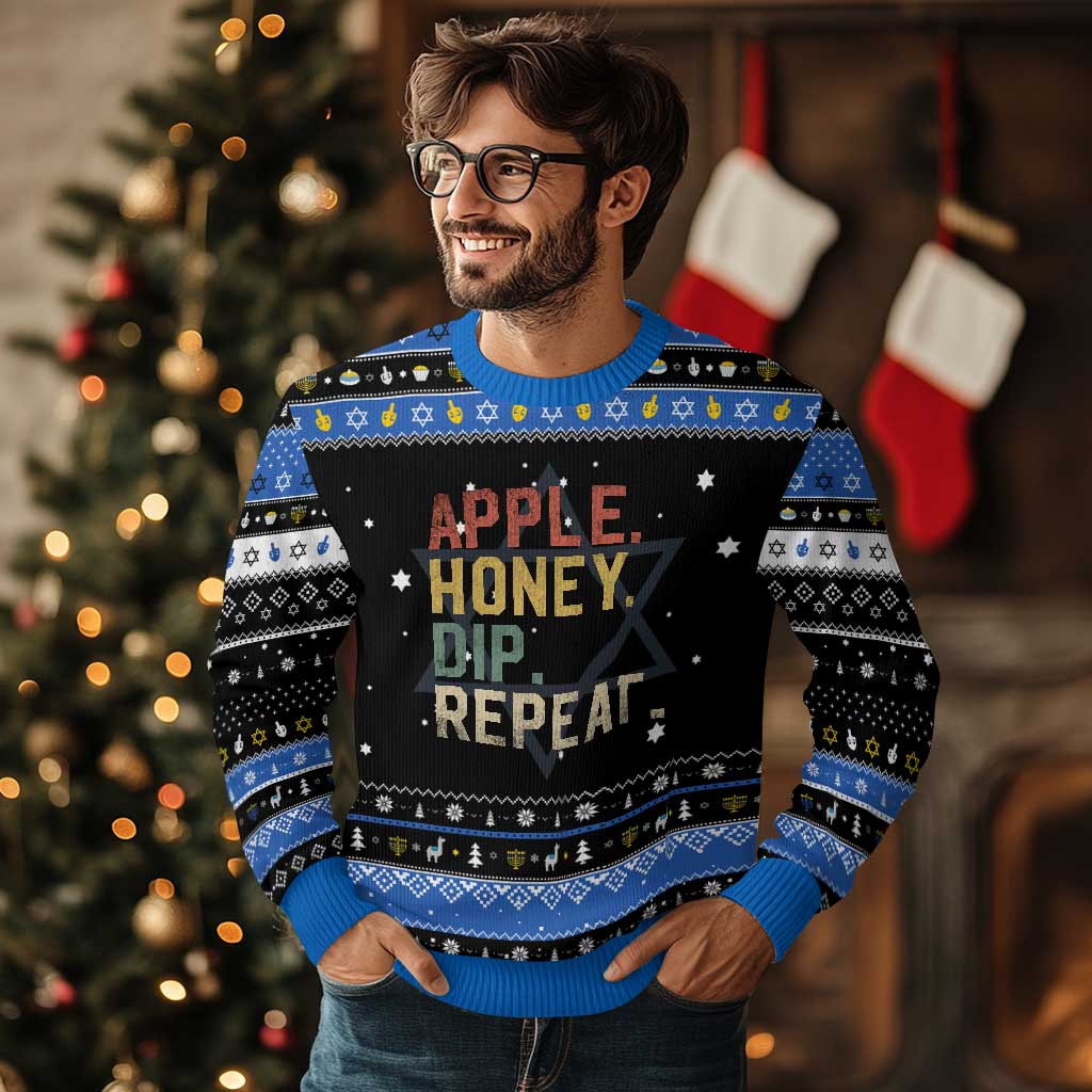 Rosh Hashanah Jewish Hanukkah Ugly Sweater Apple Honey Dip Repeat TS09 Black Blue Print Your Wear