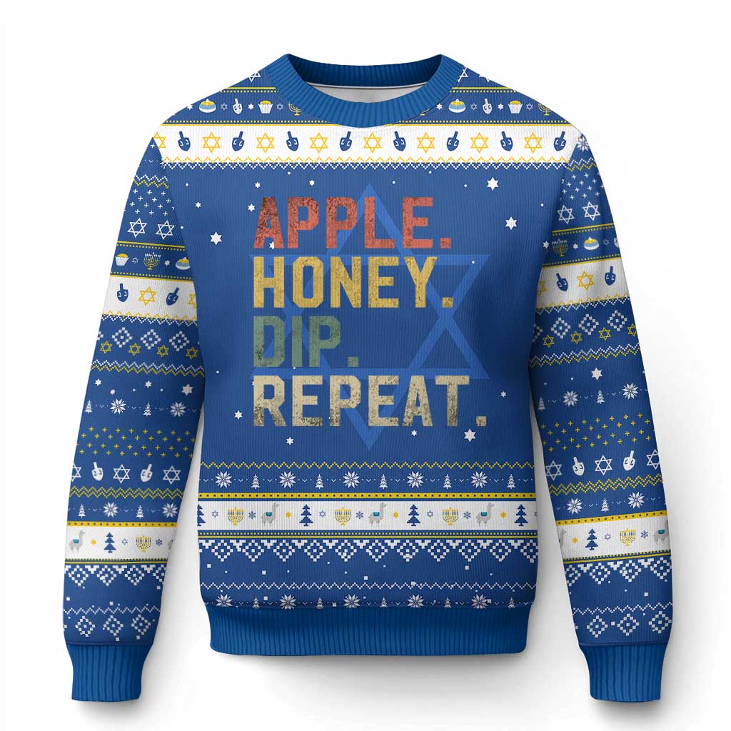 Rosh Hashanah Jewish Hanukkah Ugly Sweater Apple Honey Dip Repeat TS09 Blue White Print Your Wear