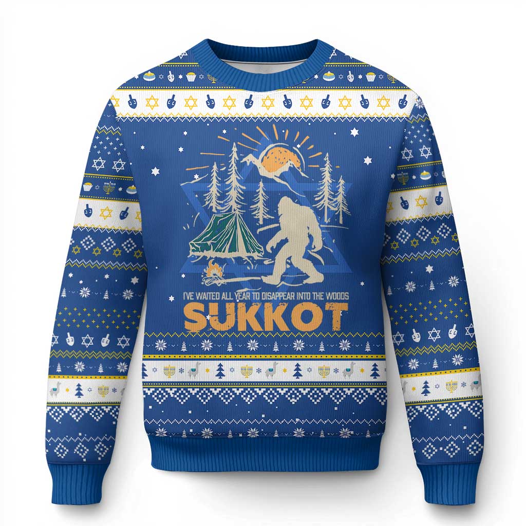 Funny Sukkot Hanukkah Ugly Sweater I've Waited All Year For Sukkot Bigfoot Jewish Holiday TS09 Blue White Print Your Wear