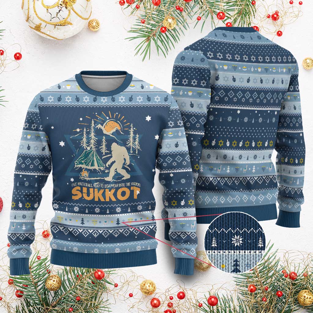 Funny Sukkot Hanukkah Ugly Sweater I've Waited All Year For Sukkot Bigfoot Jewish Holiday TS09 Navy Light Blue Print Your Wear