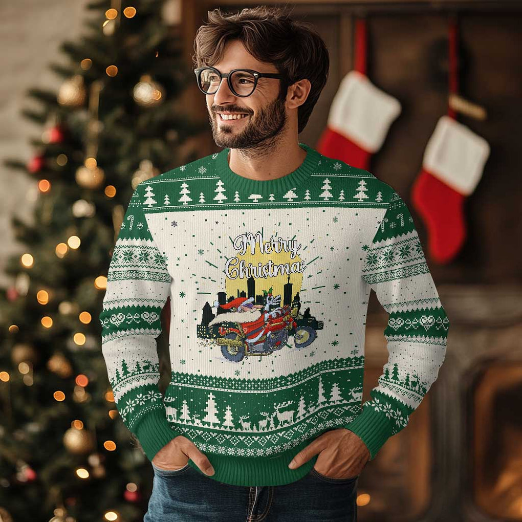 Funny Xmas Riding Ugly Christmas Sweater Santa Riding Motorcycle Biker TS09 Green Print Your Wear
