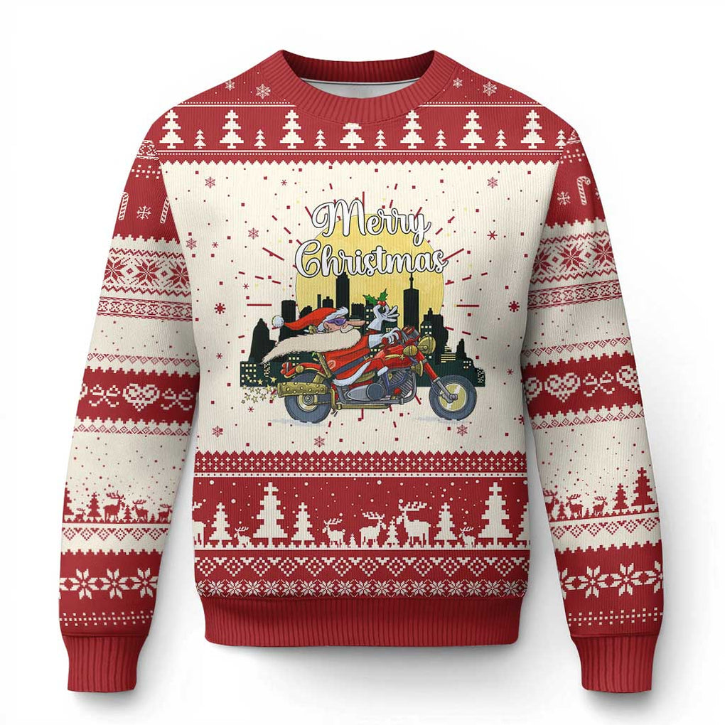 Funny Xmas Riding Ugly Christmas Sweater Santa Riding Motorcycle Biker TS09 Red Print Your Wear