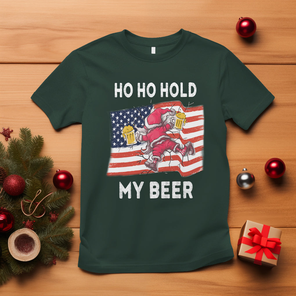 Funny Drunk Santa Christmas T Shirt Ho Ho Hold My Beer USA Flag TS09 Dark Forest Green Printyourwear