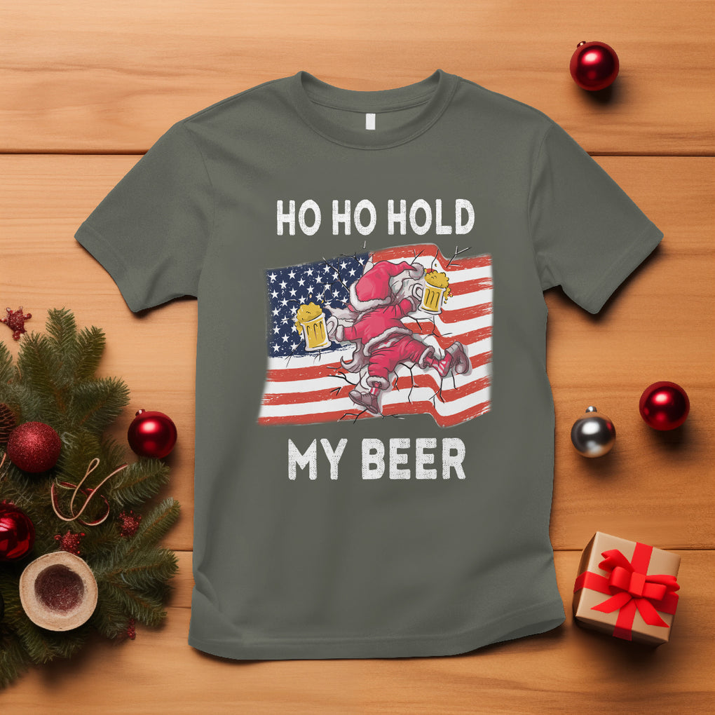 Funny Drunk Santa Christmas T Shirt Ho Ho Hold My Beer USA Flag TS09 Military Green Printyourwear
