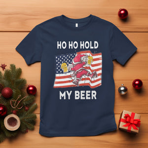 Funny Drunk Santa Christmas T Shirt Ho Ho Hold My Beer USA Flag TS09 Navy Printyourwear