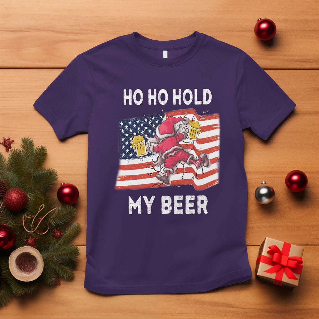Funny Drunk Santa Christmas T Shirt Ho Ho Hold My Beer USA Flag TS09 Purple Printyourwear