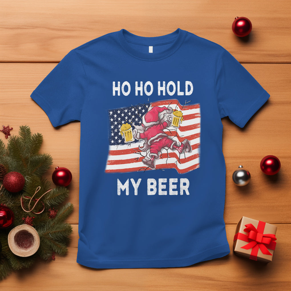 Funny Drunk Santa Christmas T Shirt Ho Ho Hold My Beer USA Flag TS09 Royal Blue Printyourwear