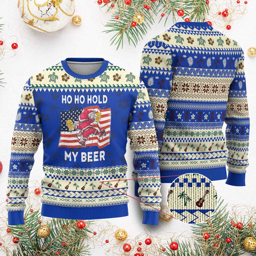 Xmas In Hawaii Ugly Christmas Sweater Ho Ho Hold My Beer Drunk Santa USA Flag TS09 Blue Print Your Wear
