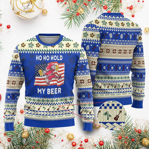 Xmas In Hawaii Ugly Christmas Sweater Ho Ho Hold My Beer Drunk Santa USA Flag TS09 Blue Print Your Wear