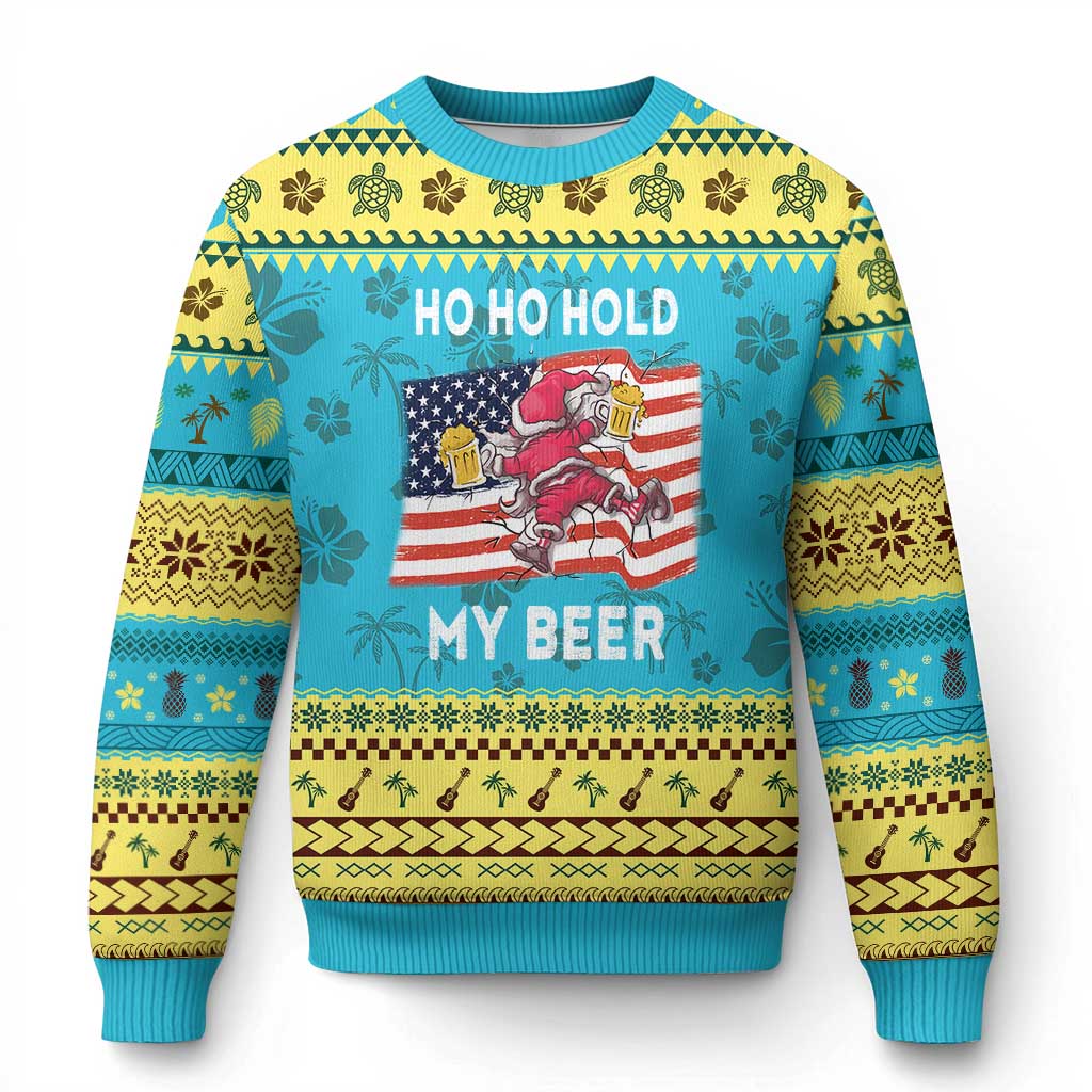 Xmas In Hawaii Ugly Christmas Sweater Ho Ho Hold My Beer Drunk Santa USA Flag TS09 Hawaii Print Your Wear