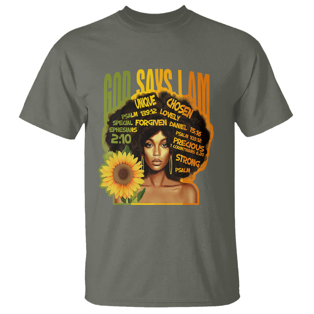 God Says I Am Melanin Strong Unique Black Women Sunflower T Shirt TS09 Military Green Printyourwear