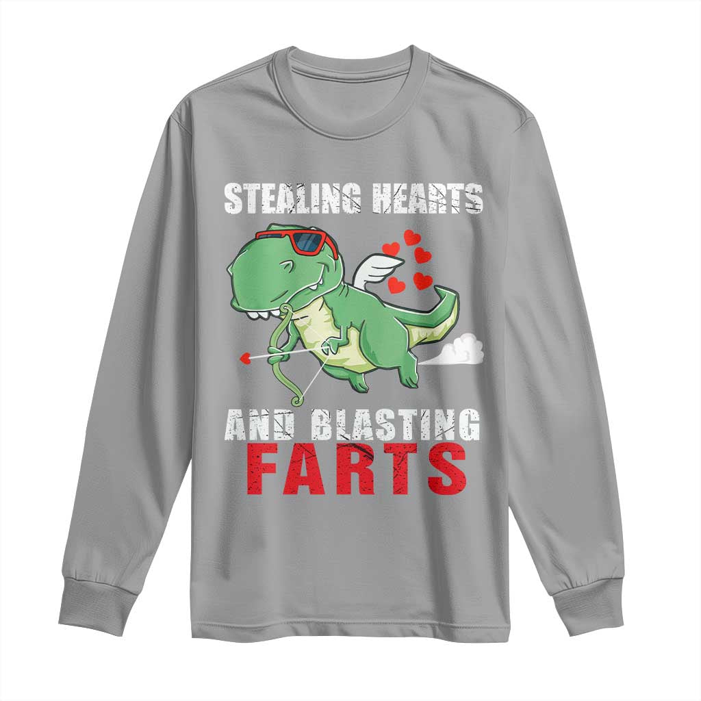Valentine's Day Long Sleeve Shirt Cute Dinosaur Cupid Stealing Hearts And Blasting Farts TS09 Sport Gray Print Your Wear
