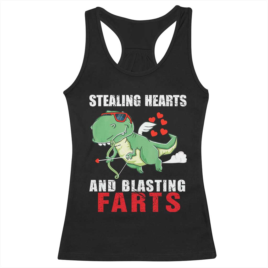 Valentine's Day Racerback Tank Top Cute Dinosaur Cupid Stealing Hearts And Blasting Farts TS09 Black Print Your Wear