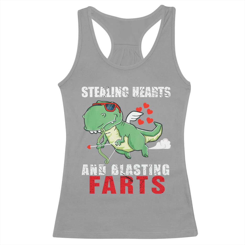 Valentine's Day Racerback Tank Top Cute Dinosaur Cupid Stealing Hearts And Blasting Farts TS09 Sport Gray Print Your Wear