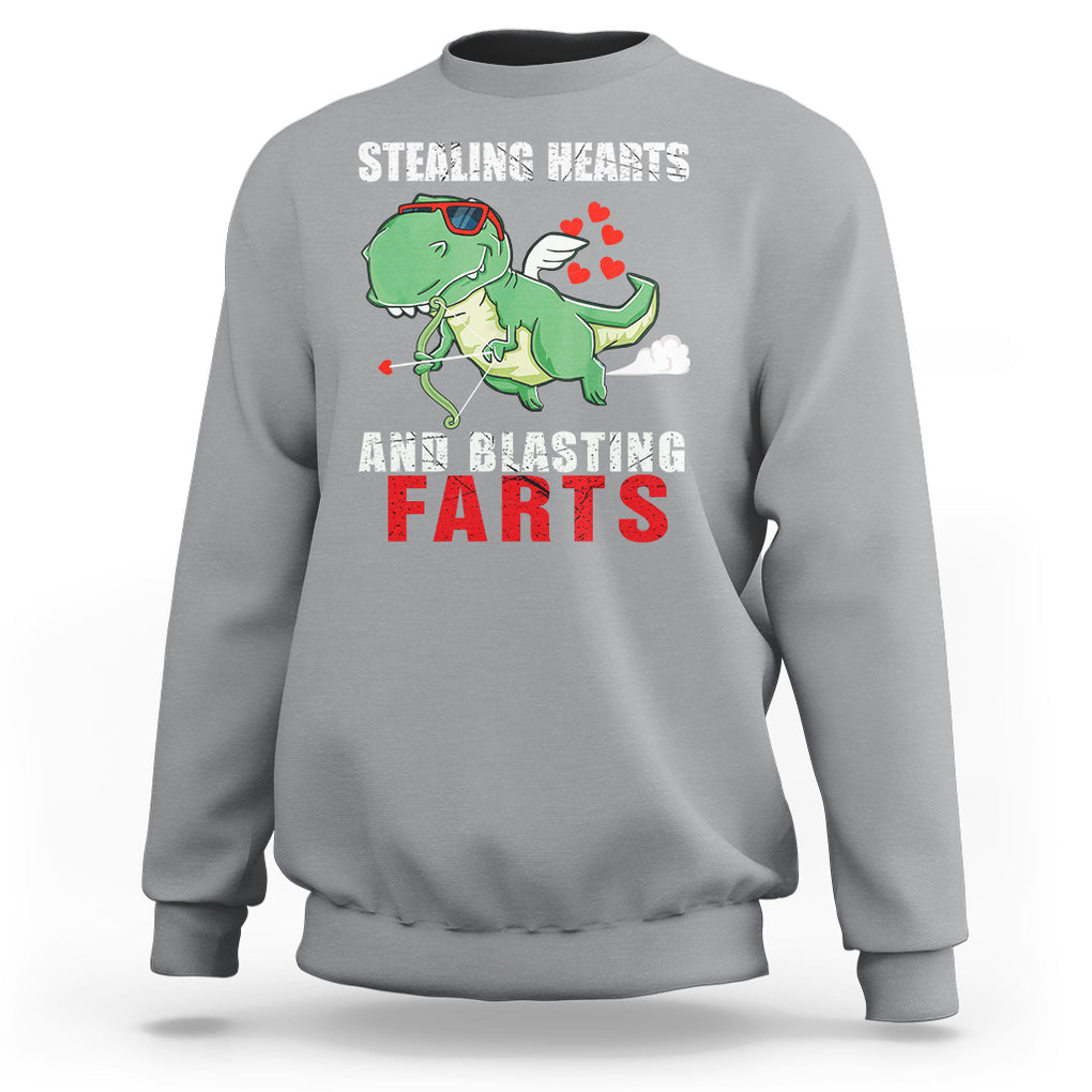 Valentine's Day Sweatshirt Cute Dinosaur Cupid Stealing Hearts And Blasting Farts TS09 Sport Gray Printyourwear