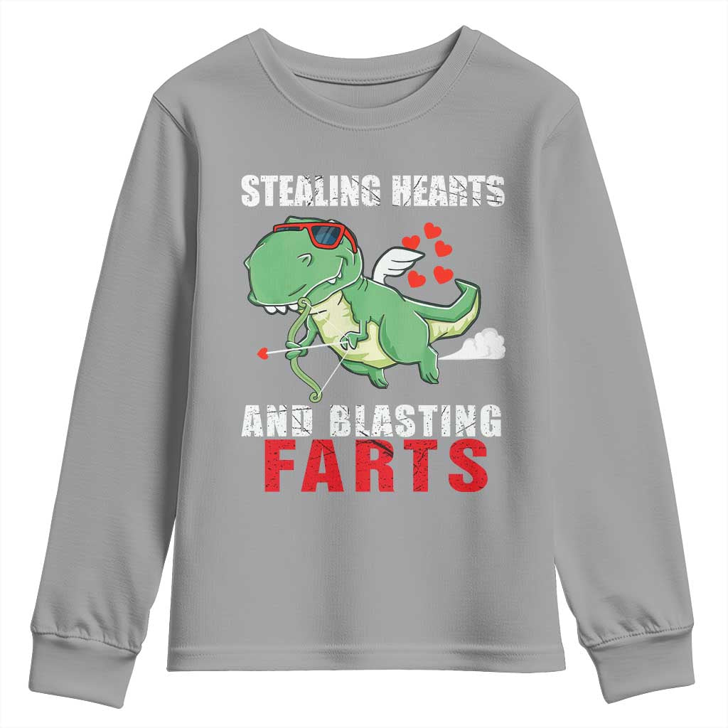Valentine's Day Youth Sweatshirt Cute Dinosaur Cupid Stealing Hearts And Blasting Farts TS09 Sport Gray Print Your Wear