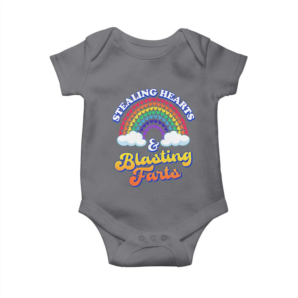 Valentine's Day Baby Onesie Stealing Hearts And Blasting Fart Funny Rainbow Heart TS09 Charcoal Print Your Wear