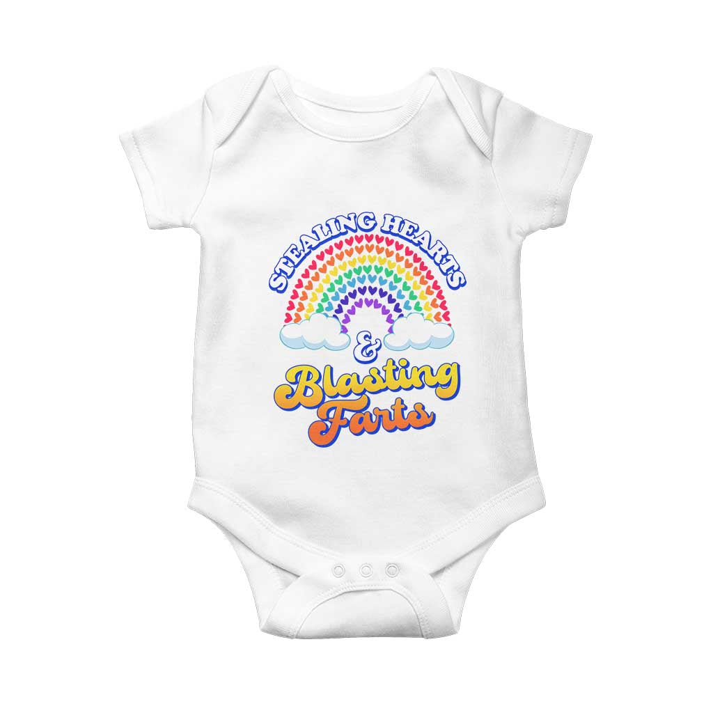 Valentine's Day Baby Onesie Stealing Hearts And Blasting Fart Funny Rainbow Heart TS09 White Print Your Wear