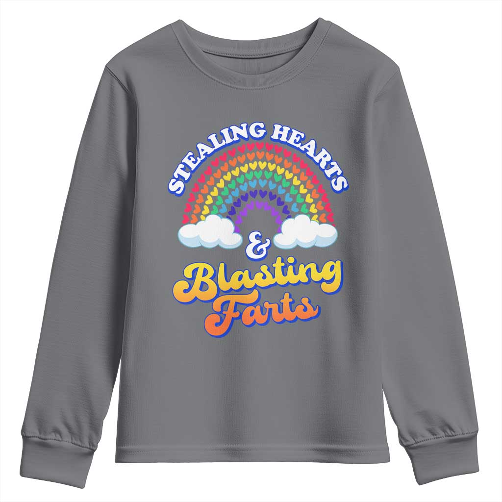 Valentine's Day Youth Sweatshirt Stealing Hearts And Blasting Fart Funny Rainbow Heart TS09 Charcoal Print Your Wear