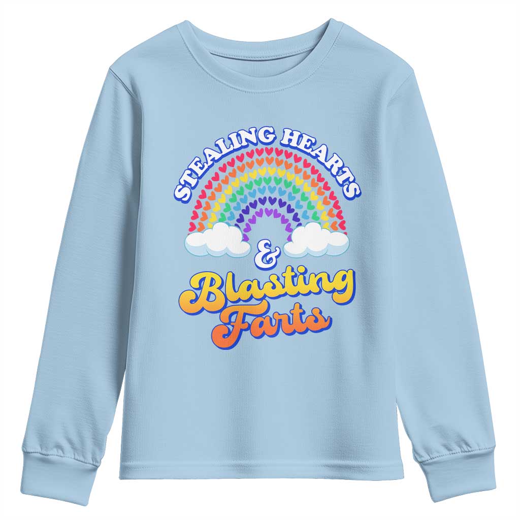 Valentine's Day Youth Sweatshirt Stealing Hearts And Blasting Fart Funny Rainbow Heart TS09 Light Blue Print Your Wear