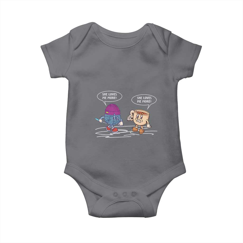 Funny Crochet Coffee Lover Baby Onesie She Loves Me More TS09 Charcoal Print Your Wear