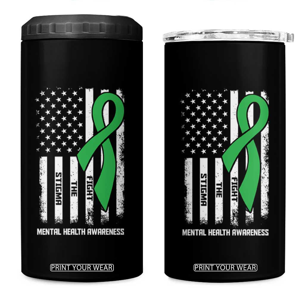 Mental Health Awareness 4 in 1 Can Cooler Tumbler Fight The Stigma America Flag Green Ribbon TS09 One Size: 16 oz Black Print Your Wear