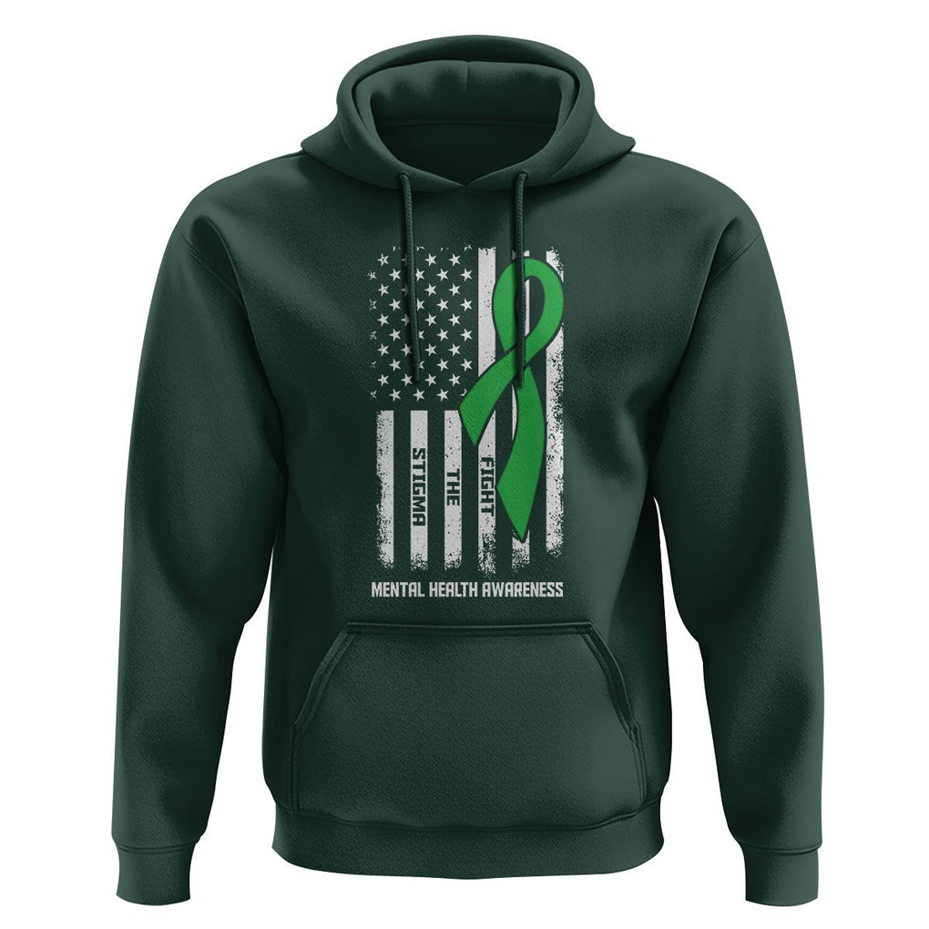 Mental Health Awareness Hoodie Fight The Stigma America Flag Green Ribbon TS09 Dark Forest Green Printyourwear