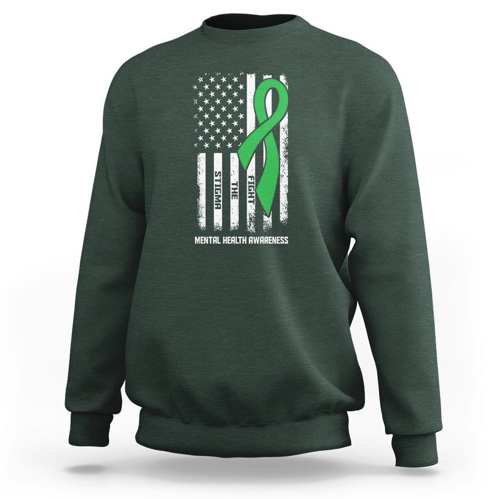Mental Health Awareness Sweatshirt Fight The Stigma America Flag Green Ribbon TS09 Dark Forest Green Printyourwear