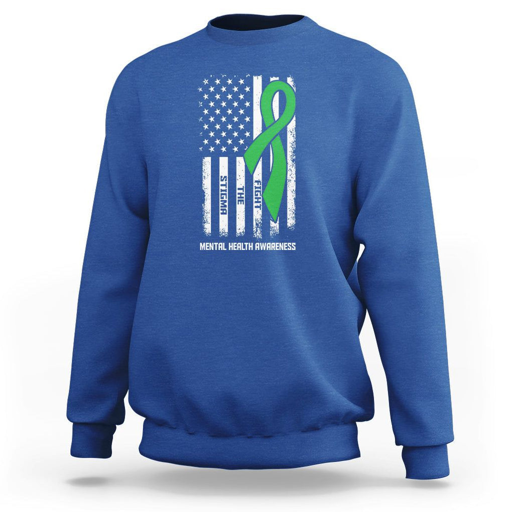 Mental Health Awareness Sweatshirt Fight The Stigma America Flag Green Ribbon TS09 Royal Blue Printyourwear