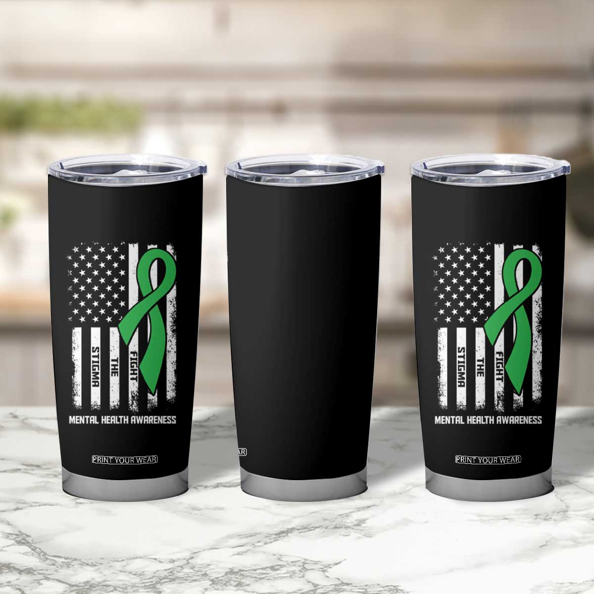 Mental Health Awareness Tumbler Cup Fight The Stigma America Flag Green Ribbon TS09 Print Your Wear