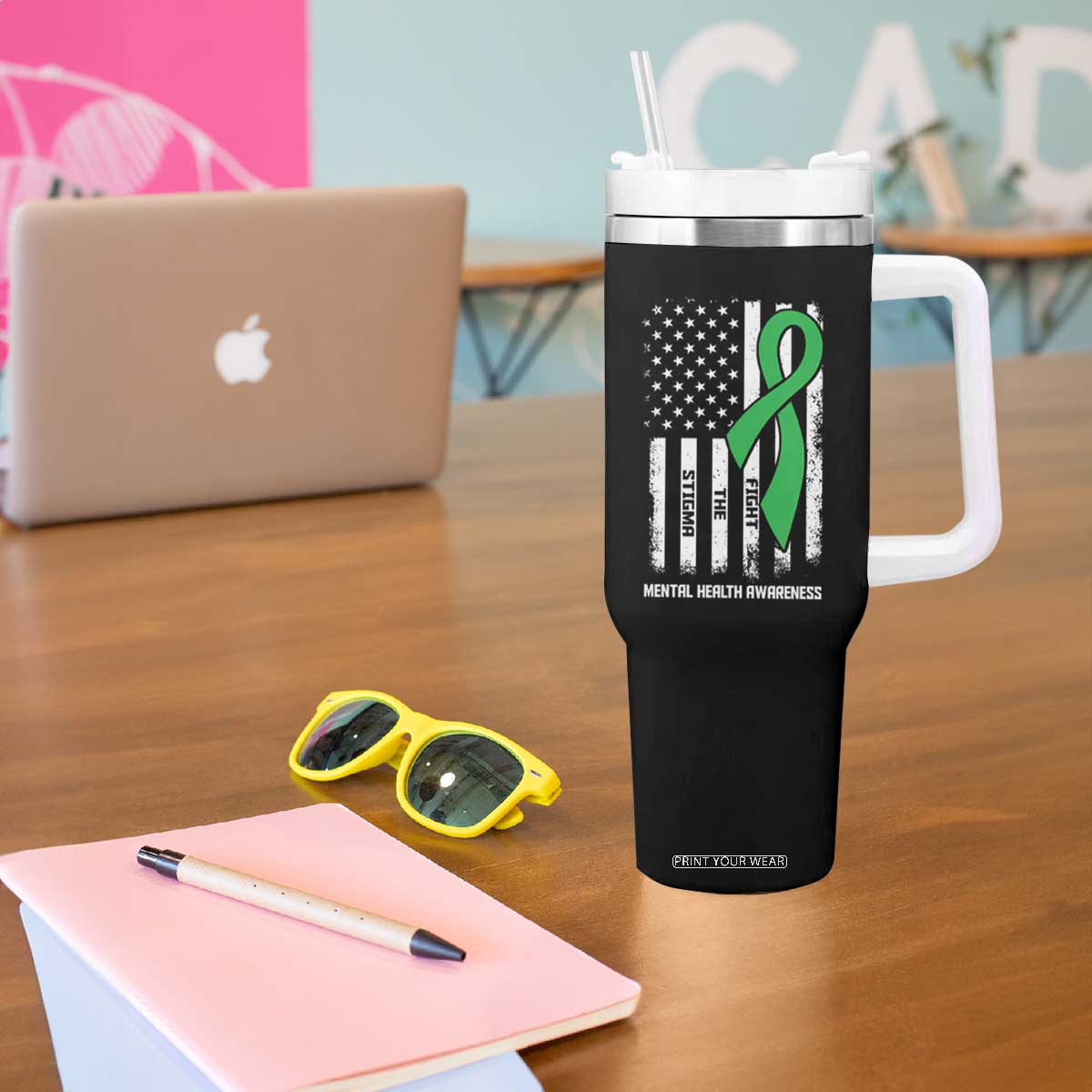 Mental Health Awareness Tumbler With Handle Fight The Stigma America Flag Green Ribbon TS09 Print Your Wear