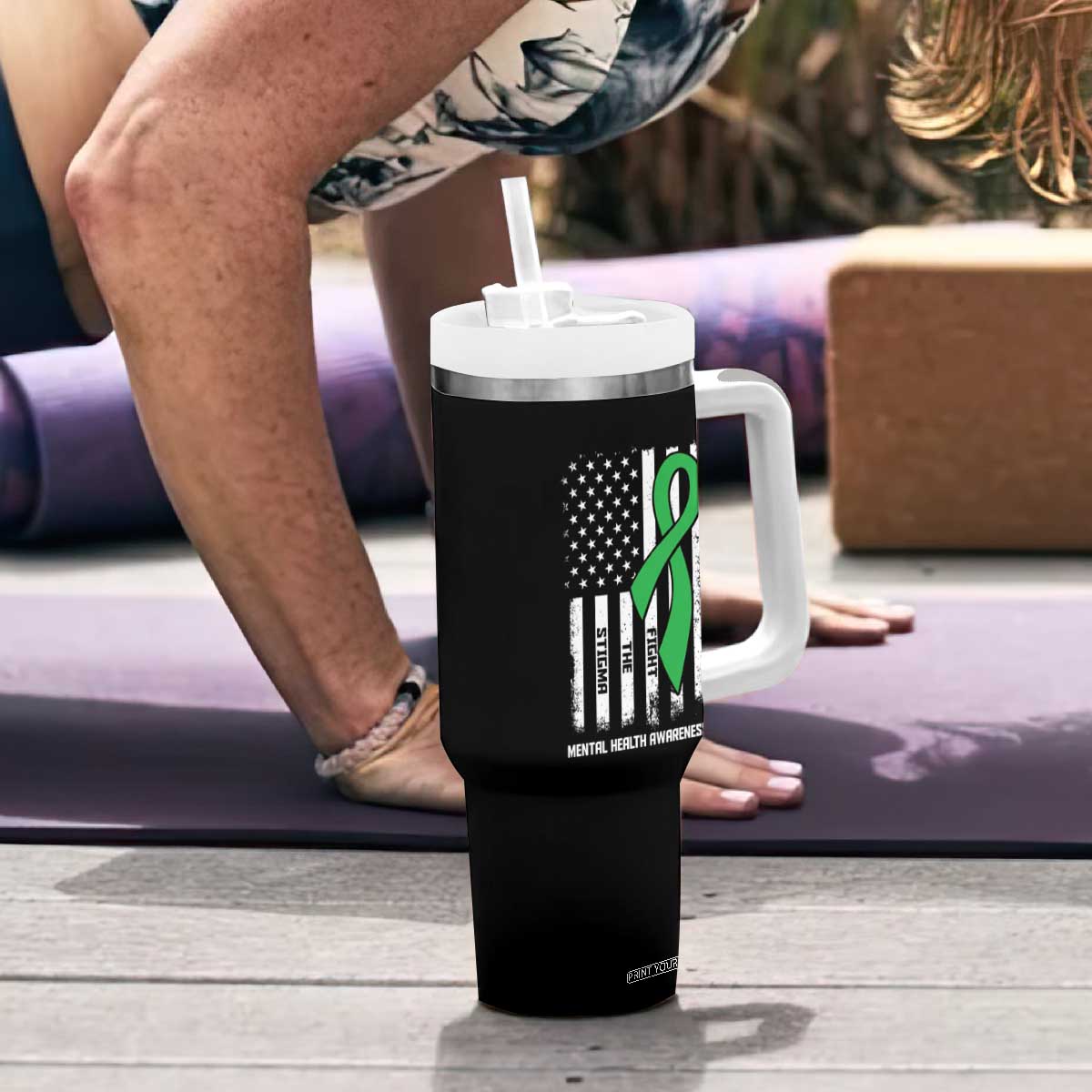 Mental Health Awareness Tumbler With Handle Fight The Stigma America Flag Green Ribbon TS09 Print Your Wear