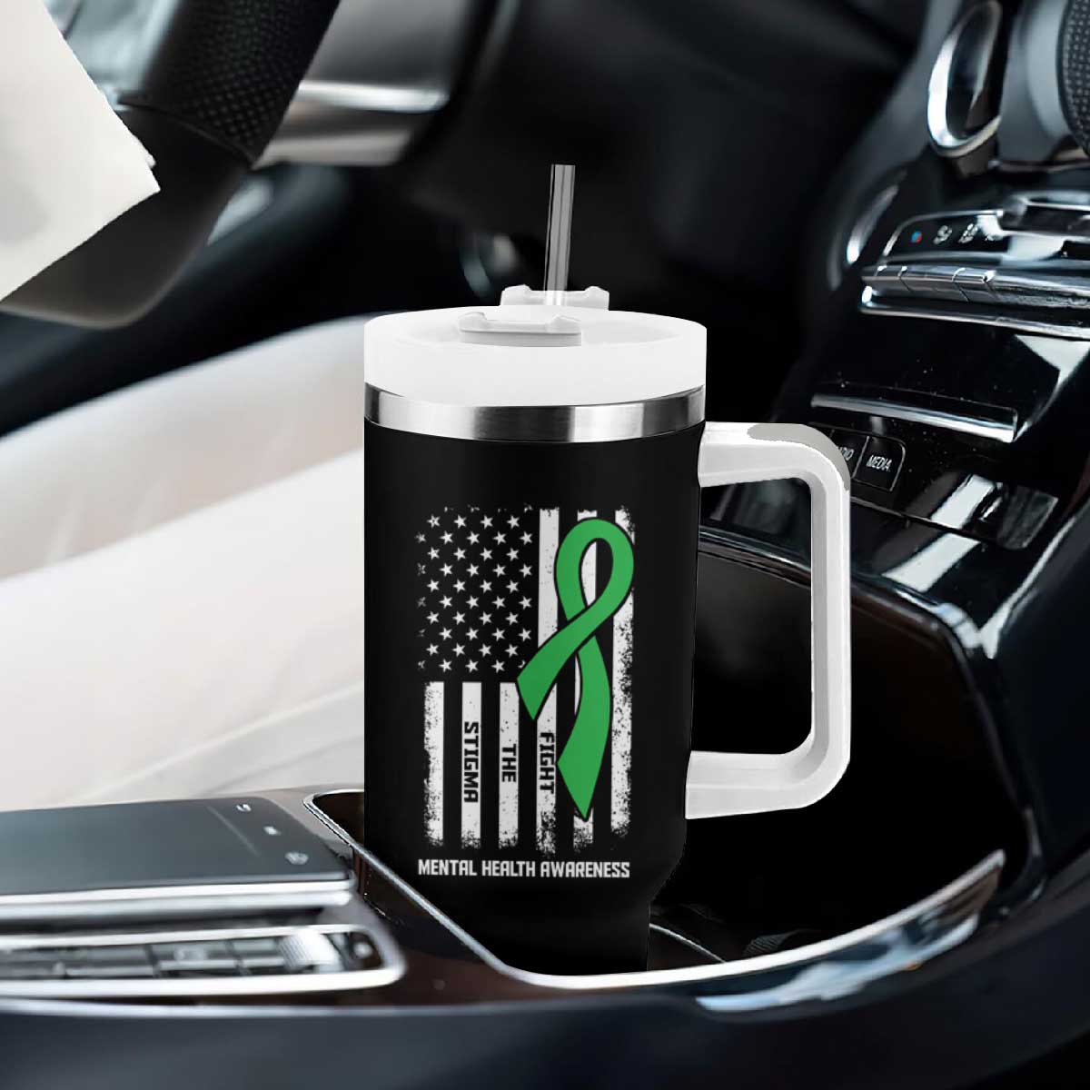 Mental Health Awareness Tumbler With Handle Fight The Stigma America Flag Green Ribbon TS09 Print Your Wear