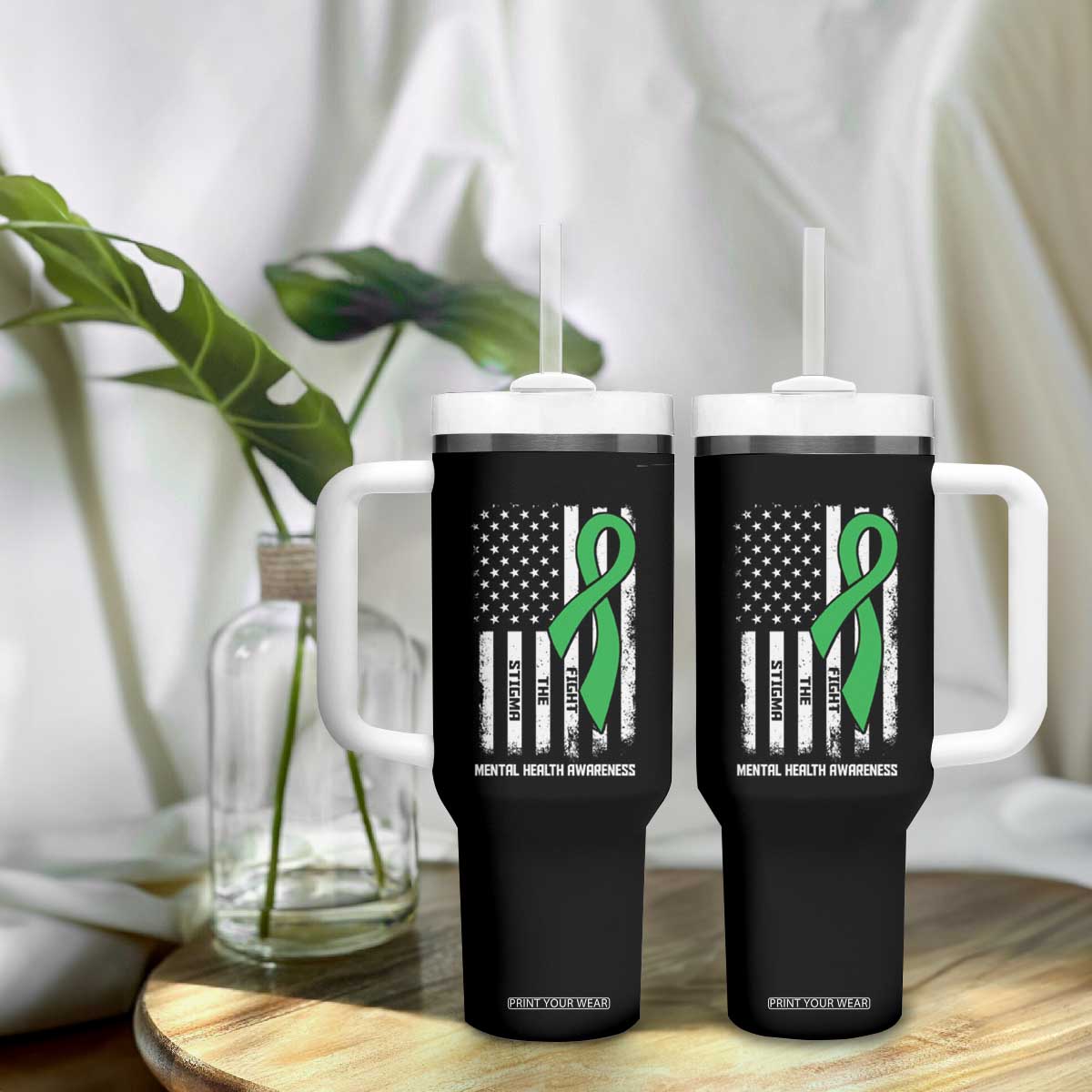 Mental Health Awareness Tumbler With Handle Fight The Stigma America Flag Green Ribbon TS09 Print Your Wear