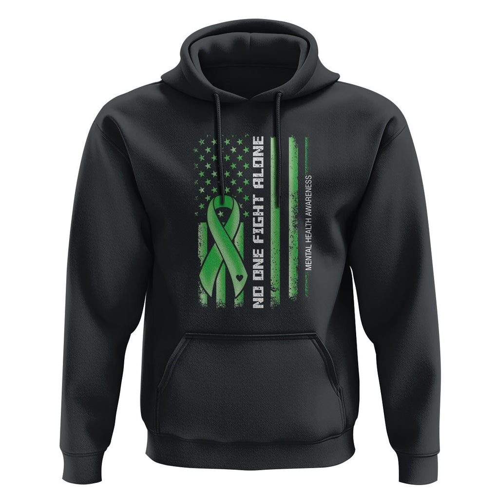 Mental Health Awareness Hoodie No One Fights Alone America Flag Green Ribbon TS09 Black Printyourwear