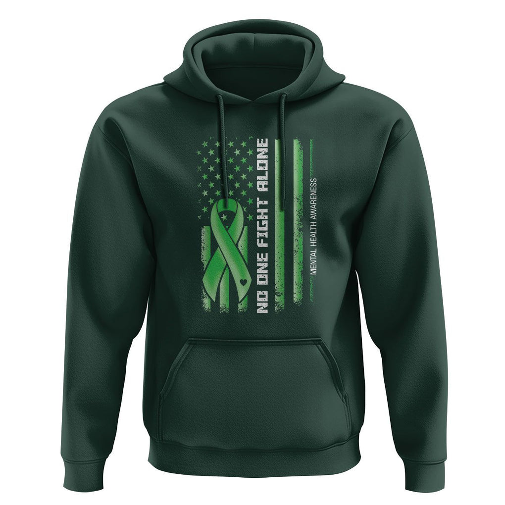 Mental Health Awareness Hoodie No One Fights Alone America Flag Green Ribbon TS09 Dark Forest Green Printyourwear
