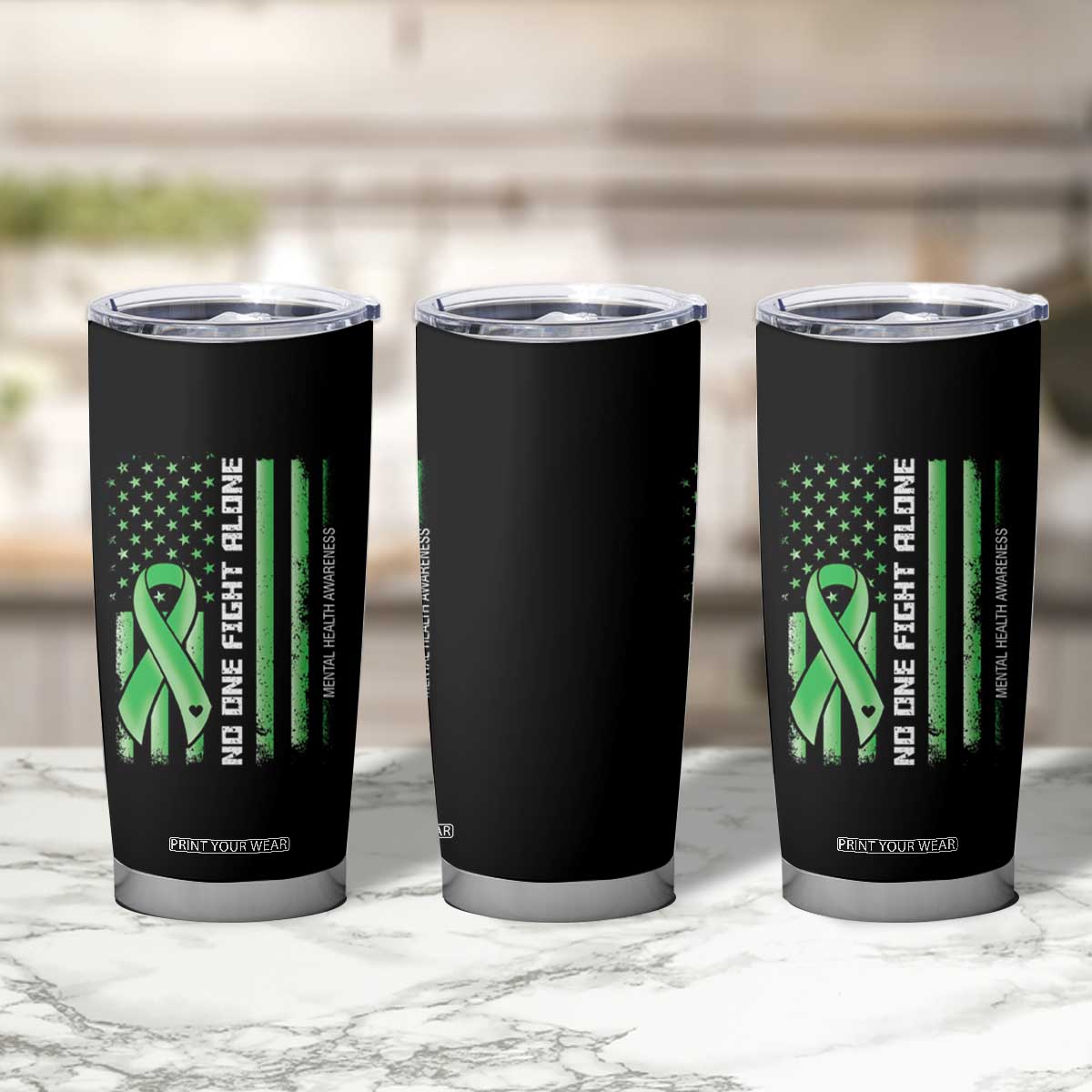 Mental Health Awareness Tumbler Cup No One Fights Alone America Flag Green Ribbon TS09 Print Your Wear