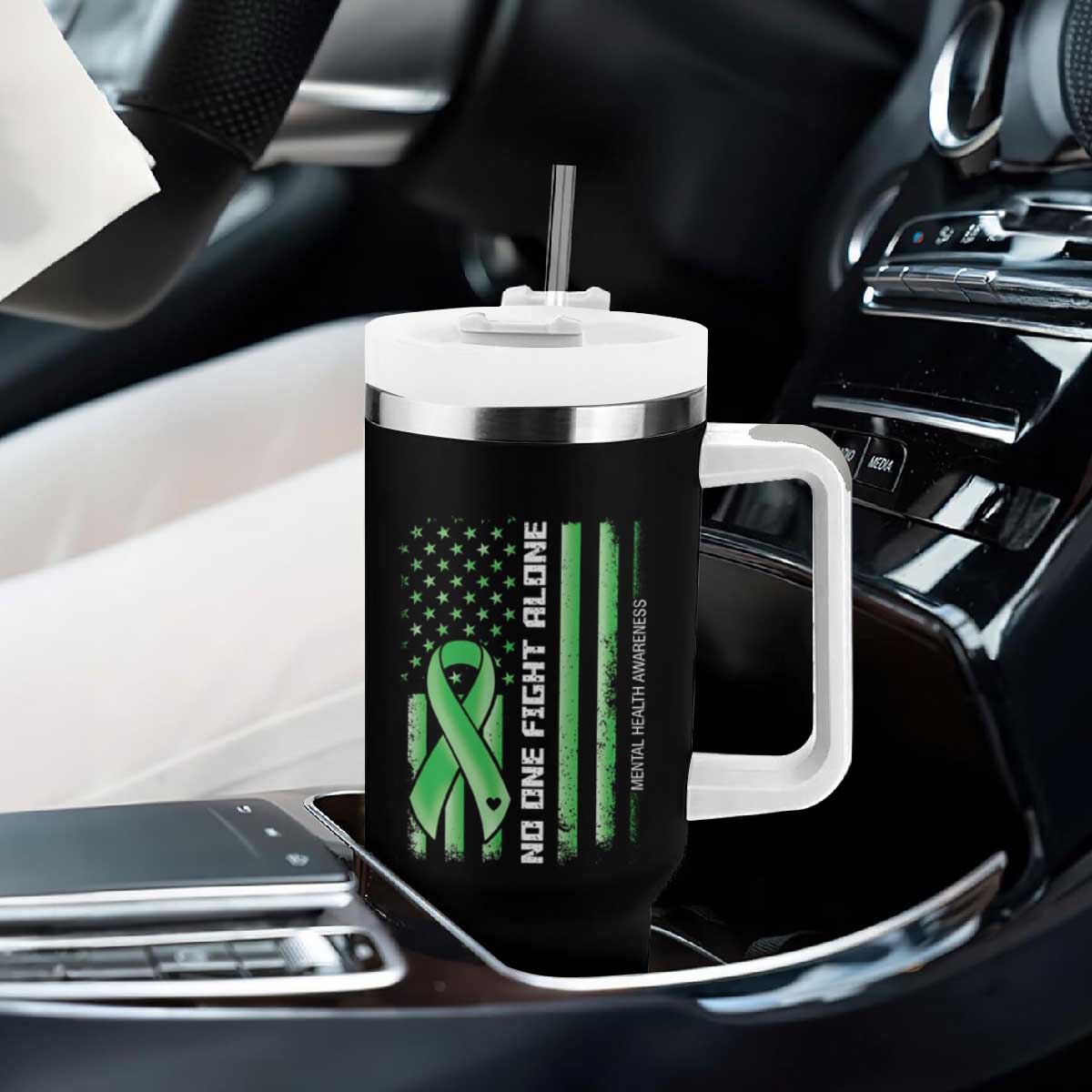 Mental Health Awareness Tumbler With Handle No One Fights Alone America Flag Green Ribbon TS09 Print Your Wear