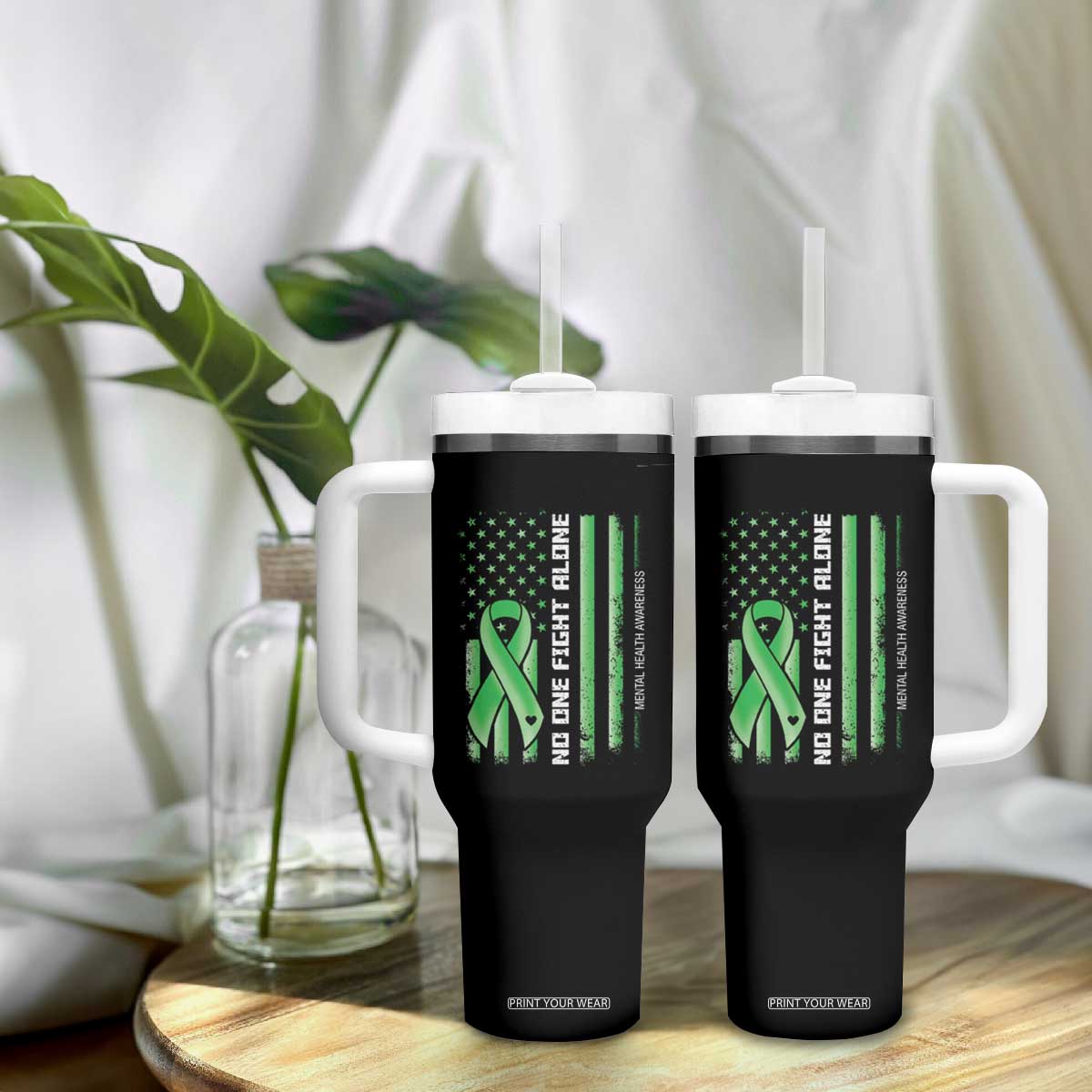 Mental Health Awareness Tumbler With Handle No One Fights Alone America Flag Green Ribbon TS09 Print Your Wear