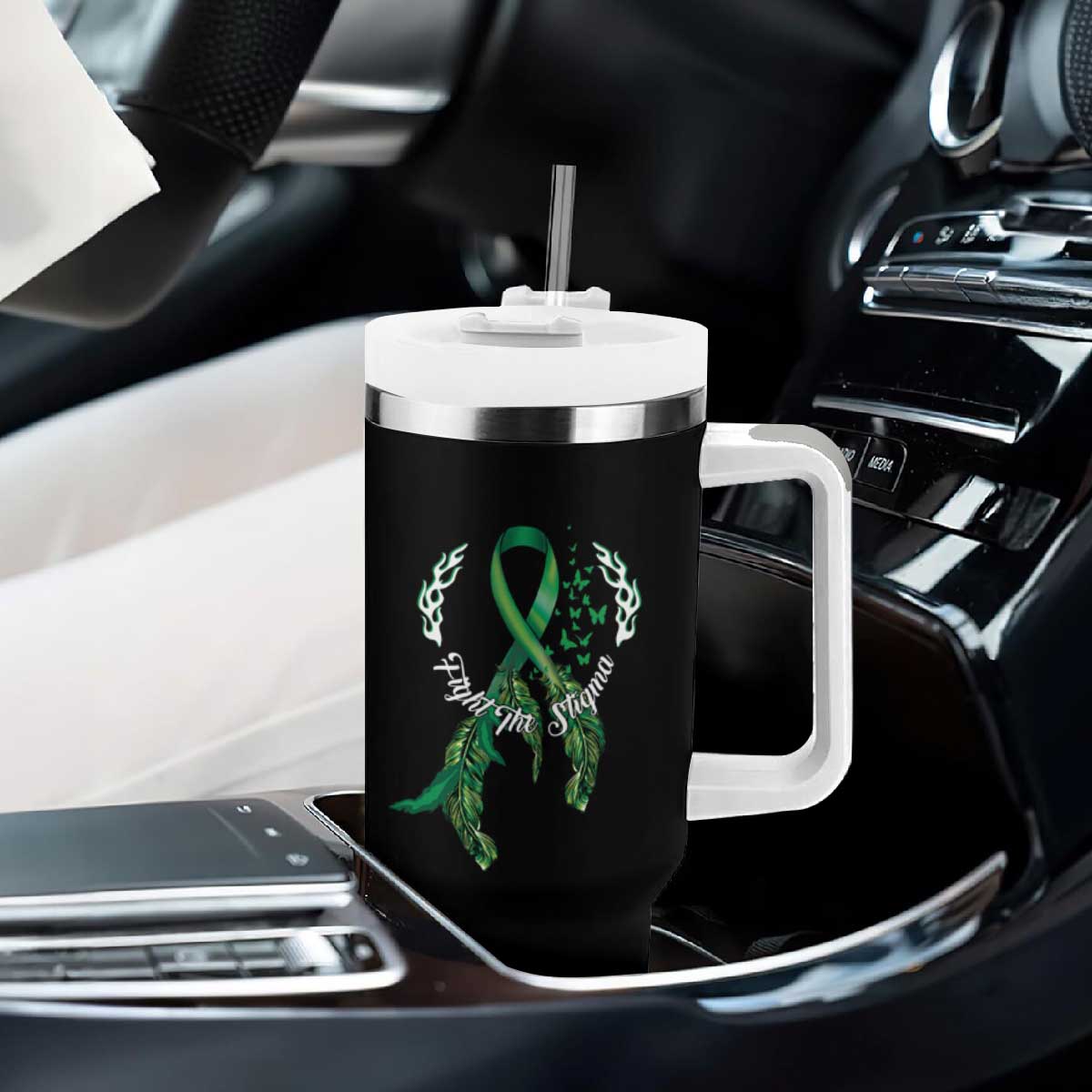 Mental Health Awareness Tumbler With Handle Fight The Stigma Butterfly Green Ribbon TS09 Print Your Wear