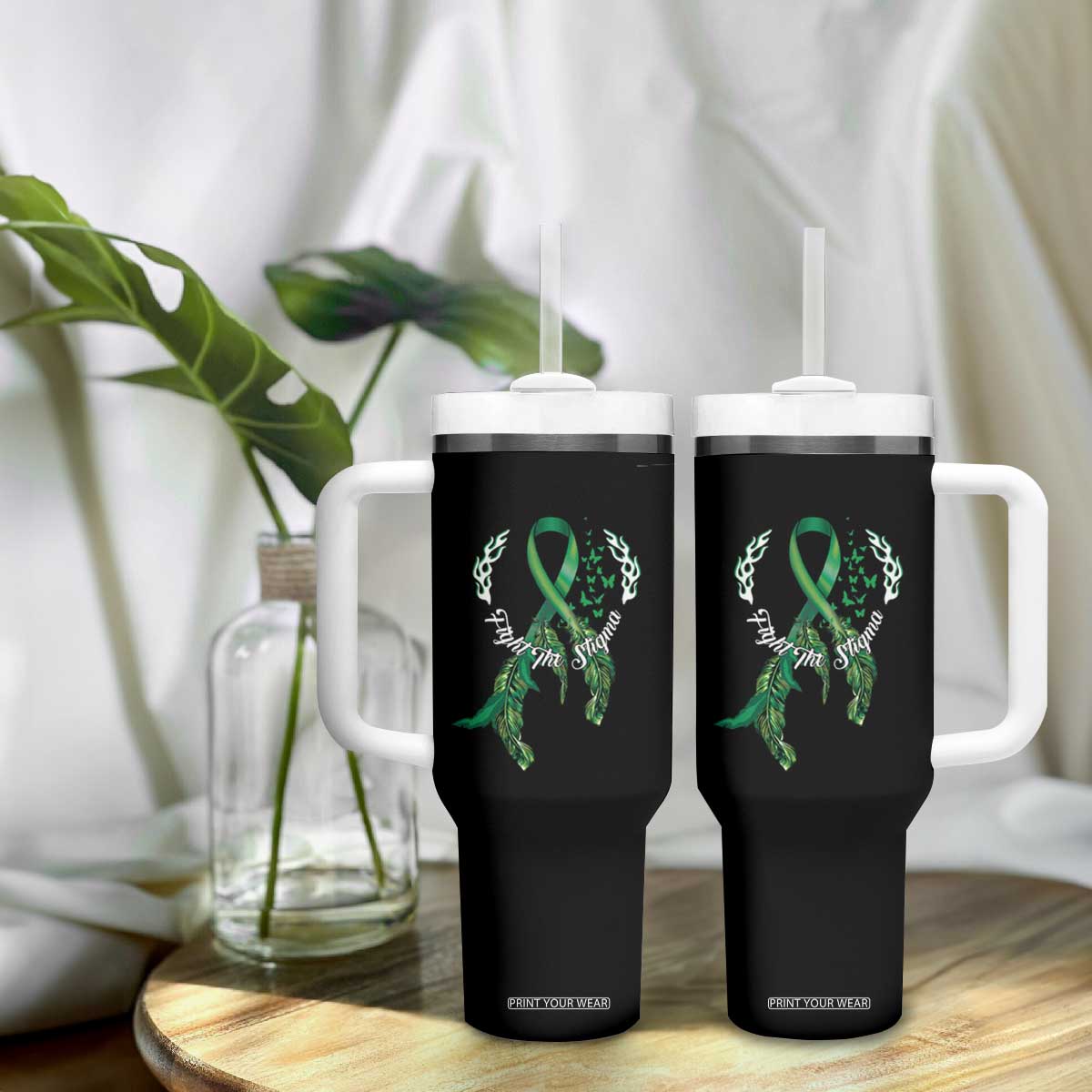 Mental Health Awareness Tumbler With Handle Fight The Stigma Butterfly Green Ribbon TS09 Print Your Wear