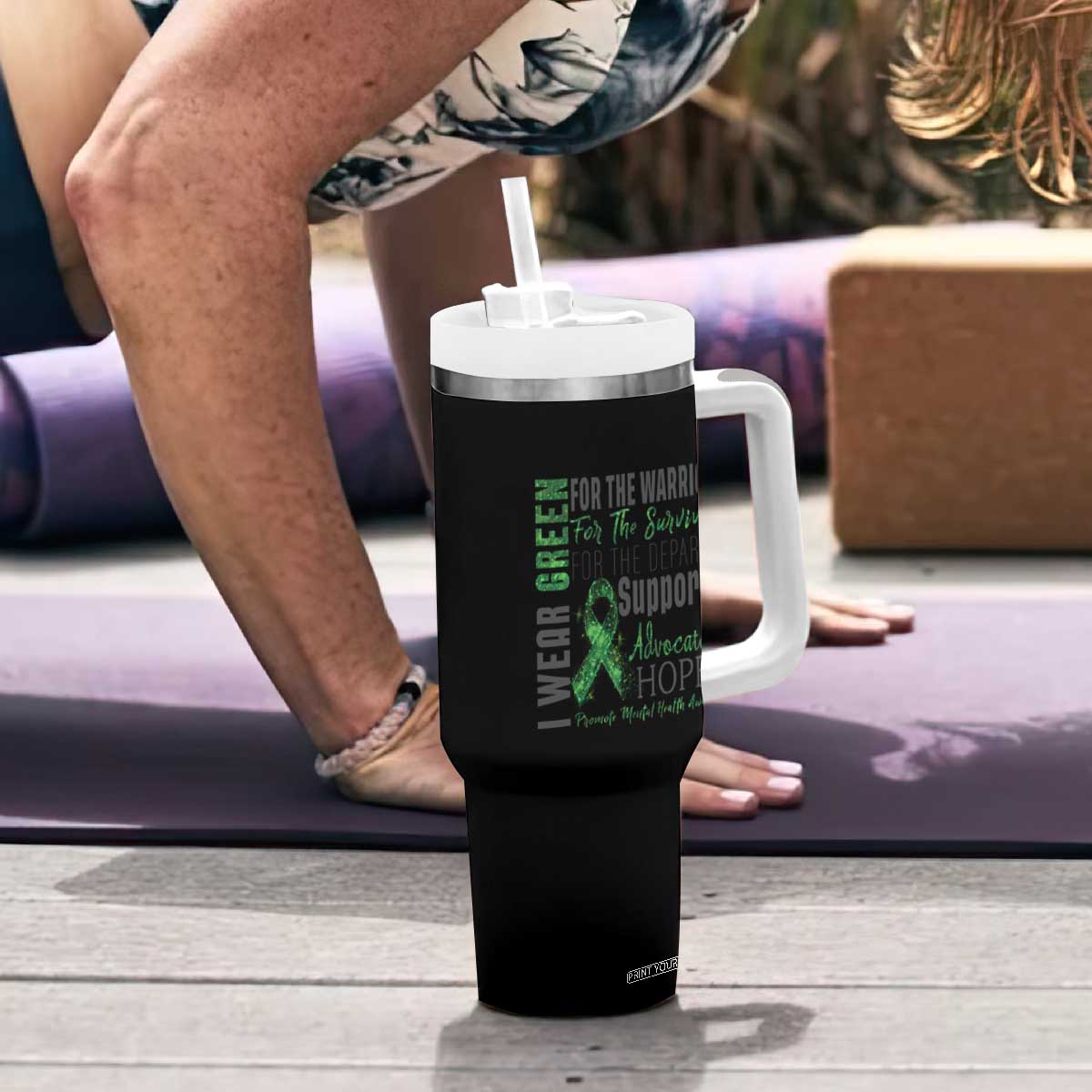 Mental Health Awareness Tumbler With Handle I Wear Green For The Warrior TS09 Print Your Wear
